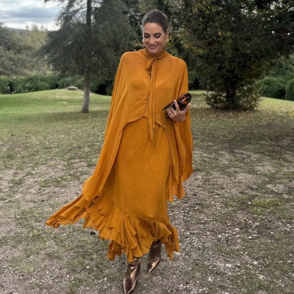 Zara dress maxi cape mustard yellow flowy kimono kaftan boho summer - Picture 5 of 11